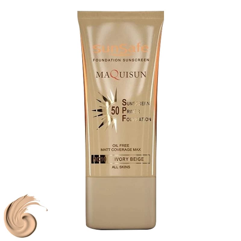 کرم ضد آفتاب رنگی سان سیف SPF50 مدل NC10 MAQUISUN بژ عاجی محافظ PA++++ ،UVA ،UVB، ضد آب، مناسب انواع پوست حجم 40 میلی‌لیتر