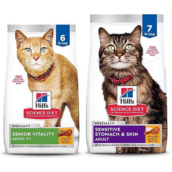 پک غذای گربه مسن هیلز ساینس دایت شادابی گربه مسن طعم مرغ و برنج پک ترکیبی | Hill’s Science Diet 7+ Senior Vitality Chicken Recipe + Sensitive Stomach & Skin Chicken & Rice Recipe Dry C