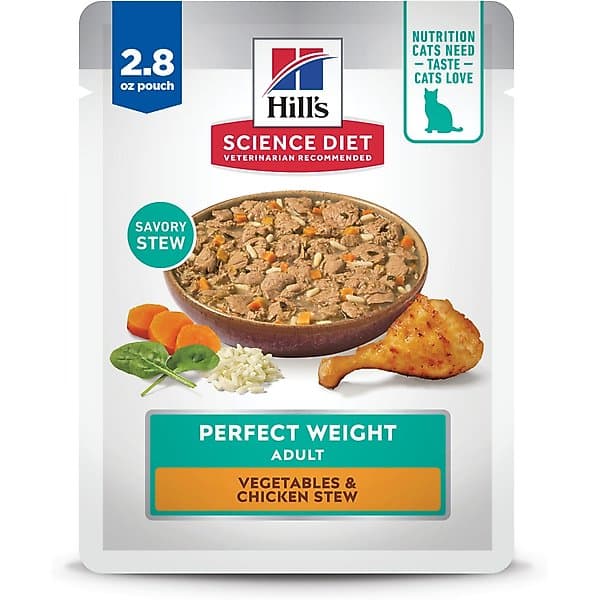 پوچ گربه بالغ هیلز ساینس دایت کنترل وزن طعم مرغ پک ۲۴ عددی پوچ ۷۹ گرمی | Hill’s Science Diet Adult Perfect Weight Management Vegetables & Chicken Stew Wet Cat Food, 2.8-oz pouch, case of 24