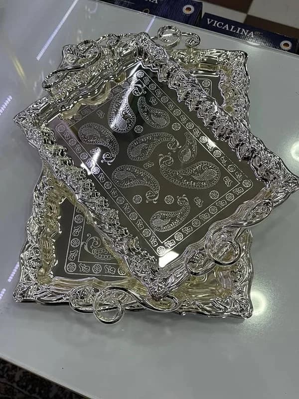 سینی دو سایز اماراتی طرح بوته جقه موسیقی نقره ای