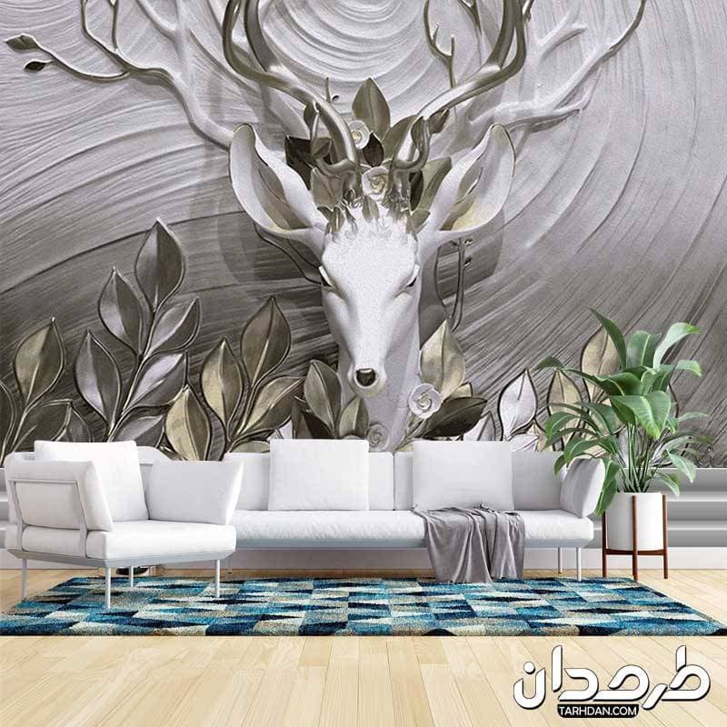 پوستر سه بعدی طرح سر گوزن شاخدار و برگ