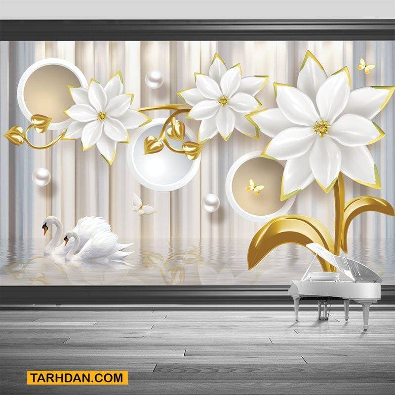 کاغذ دیواری طرح گل سفید طلایی