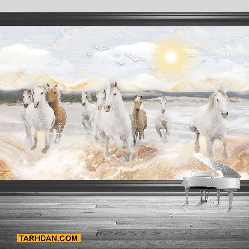 کاغذ دیواری سه بعدی اسب ها و دریا