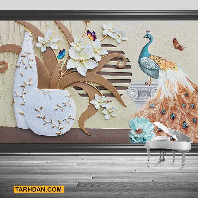 کاغذ دیواری لایه باز طاووس و گلدان