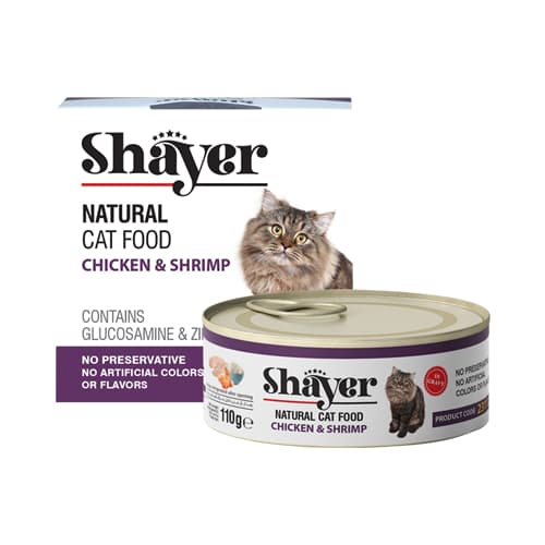 کنسرو گربه بالغ نچرال شایر مرغ و میگو Shayer وزن 110 گرم