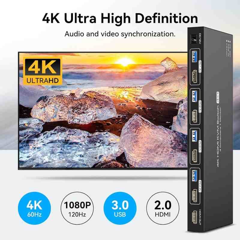 سوئیچ 4K KVM HDMI برای ۱ مانیتور، ۴ کامپیوتر، EDID، 4K 60Hz — تصویر ۴