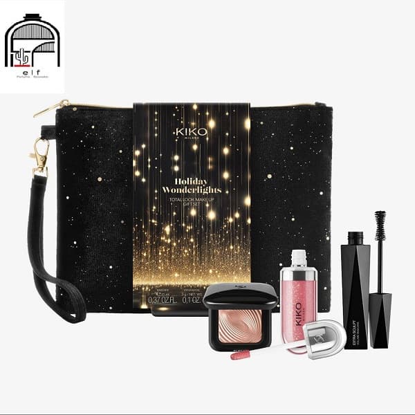ست لیپ گلاس، ریمل حجم دهنده و سایه متالیک همراه کیف آرایشی کیکو میلانو holiday wonderlights total look make up gift set kiko milano