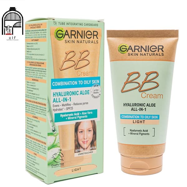 بی بی کرم آبرسان پوست مختلط و چرب گارنیر رنگ لایت Garnier BB Cream All In 1 With Hyaluronic Acid 50Ml