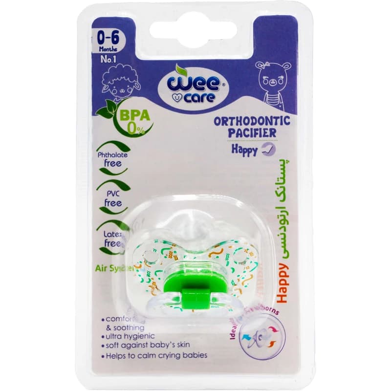 پستانک ارتودنسی وی کر مدل شفاف چاپدار happy سایز 0-6ماه (Wee Care-P115) — تصویر ۴