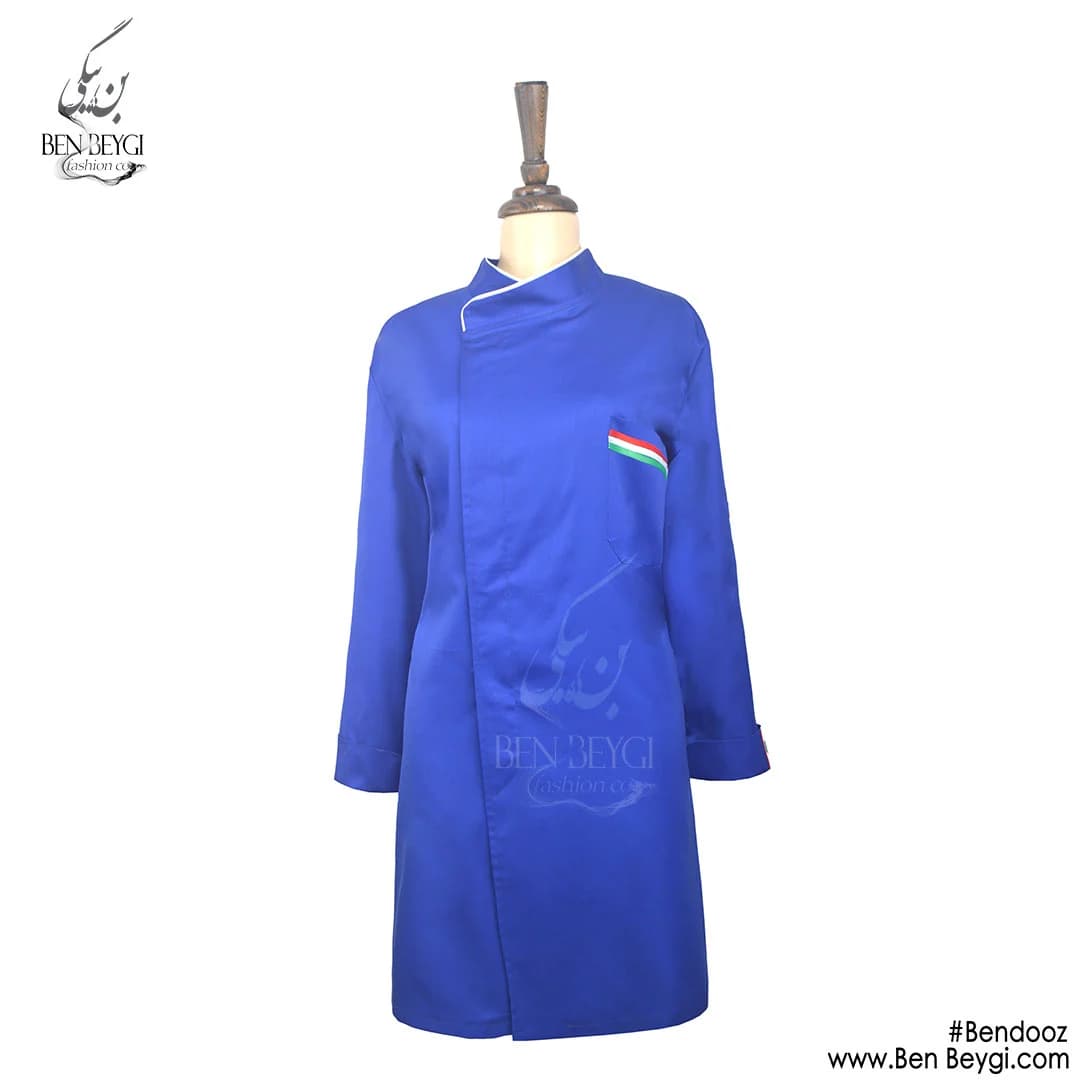 مانتو شلوار کار | پارچه کجراه | صنعتی خدماتی دکمه مخفی رنگ آبی کاربنی زنانه کد 16497