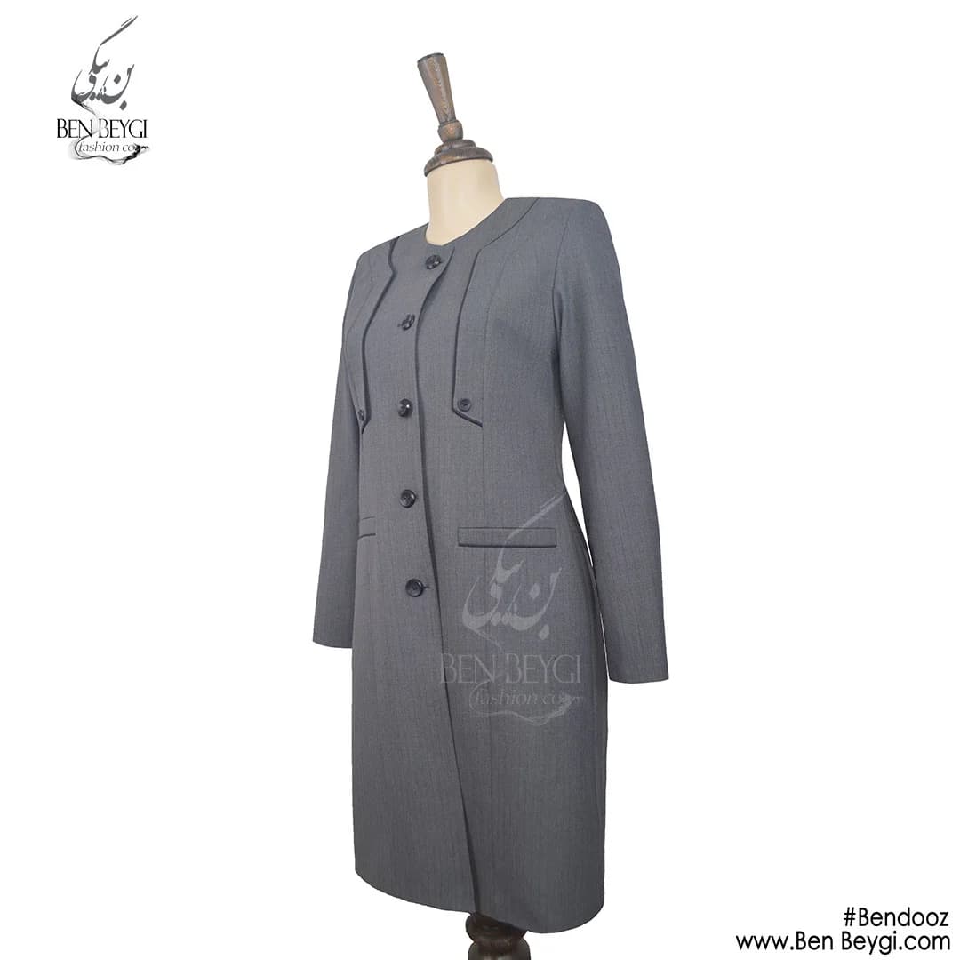 مانتو شلوار اداری طوسی یقه گرد دیپلمات مغزی دوزی پارچه بزیاق کد 16307