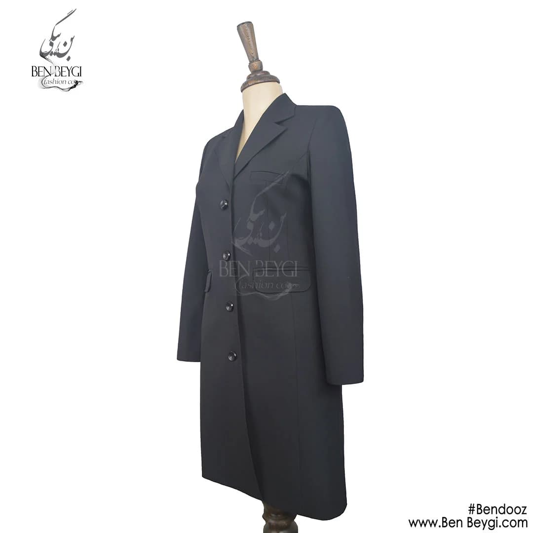 مانتو شلوار اداری مشکی یقه انگلیسی پیش چهار دکمه پارچه بزیاق قد 97 کد 16292-TA-740