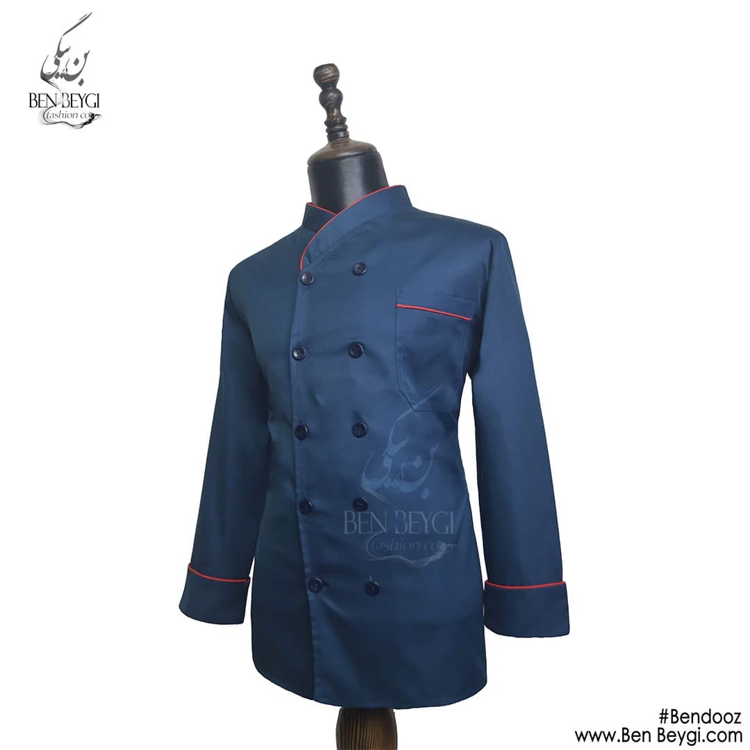 پیراهن آشپزی پارچه کجراه بلند دو ردیف دکمه سرمه ای کد 16266