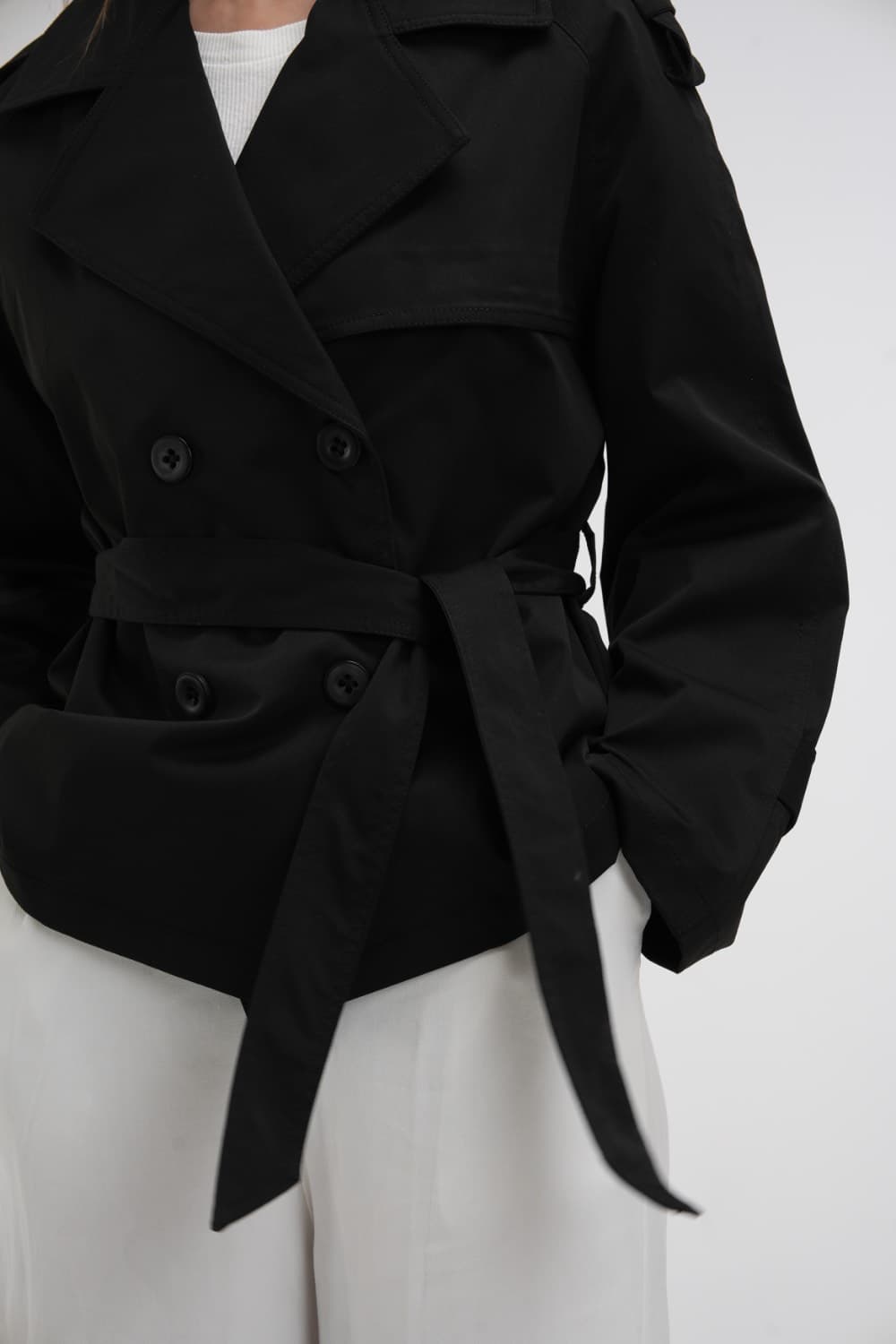 ترنچ کت کتان زارا ۲۰۲۶ ZARA رنگ مشکی فری سایز ۳۶ تا ۴۴ پارچه کتان پارکا آستر دار قد 60 سانت قد استین 70 سانت — تصویر ۲