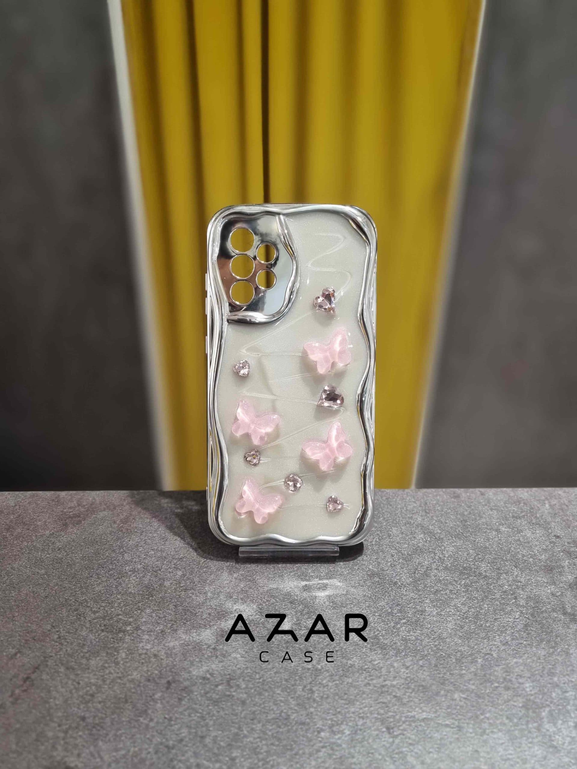 قاب گوشی کرومی پروانه و قلب صورتی