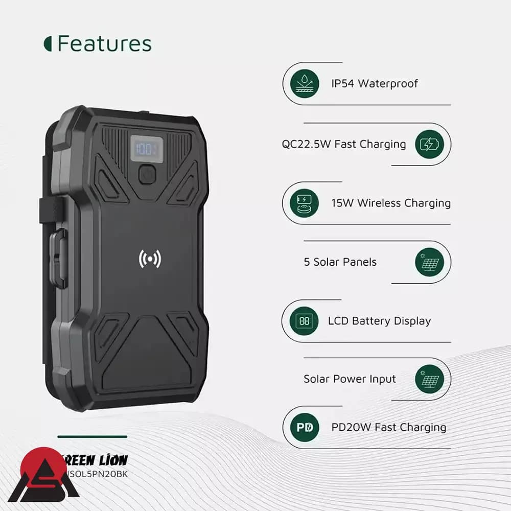 پاوربانک خورشیدی گرین لاین مدل Solar 5-Panel ظرفیت 30000 میلی آمپر ساعت — تصویر ۵