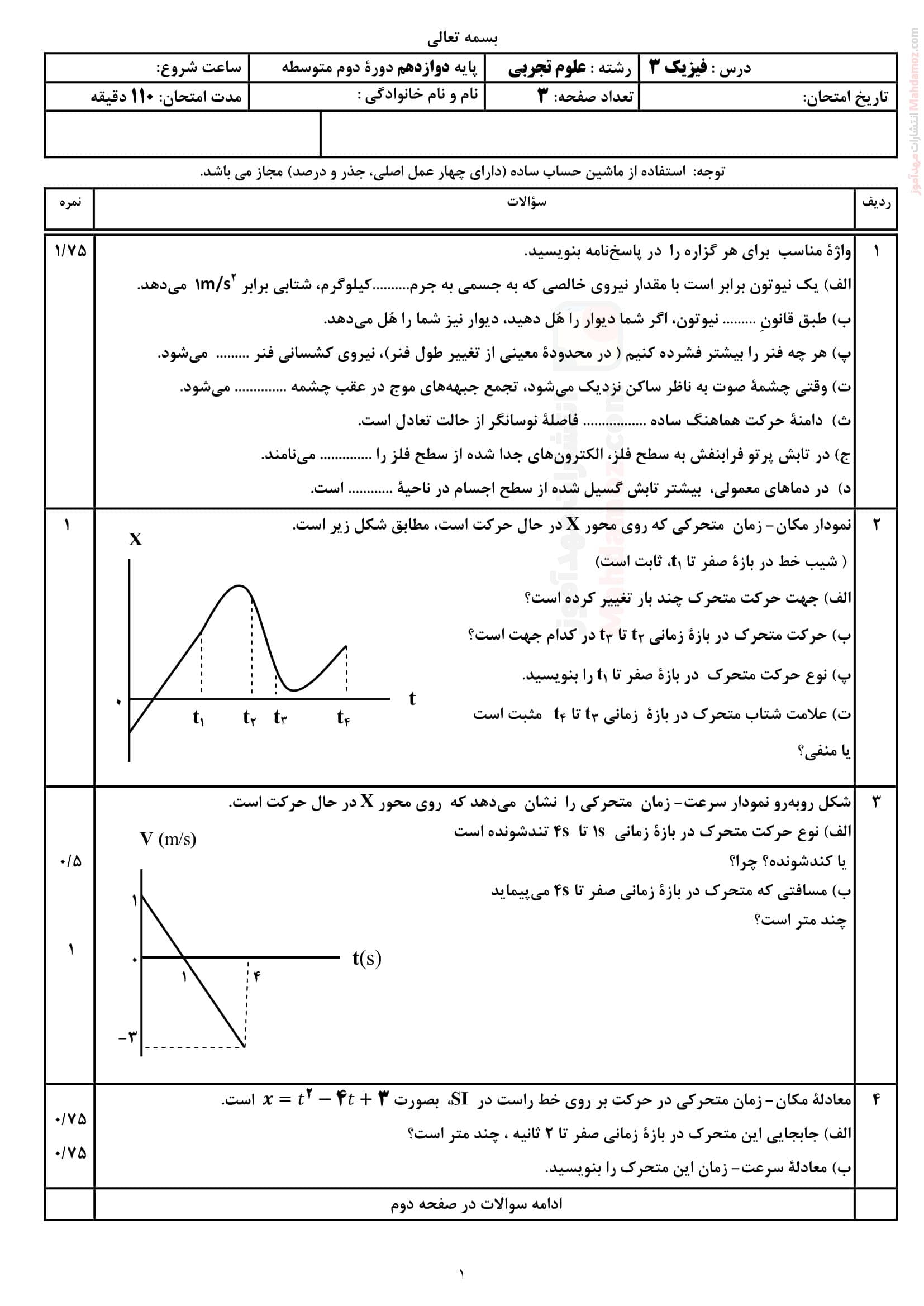ارزشیابی فیزیک نوبت دوم علوم تجربی دوازدهم متوسطه | با جواب