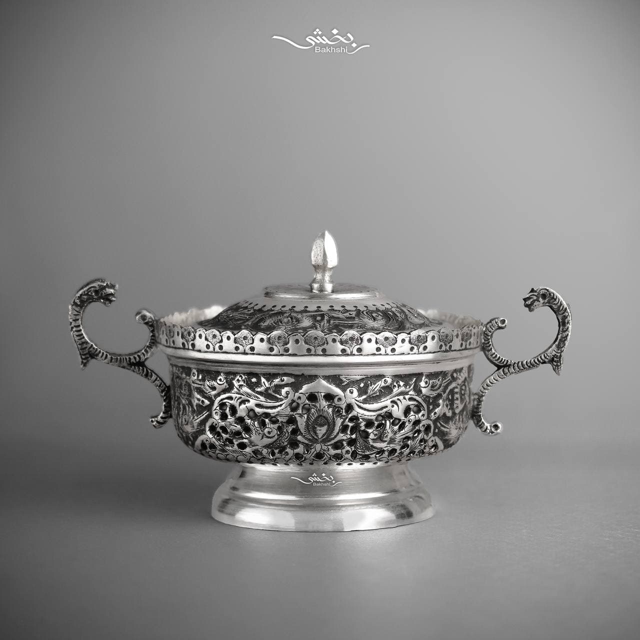 قندان درب دار نقره گل و مرغ