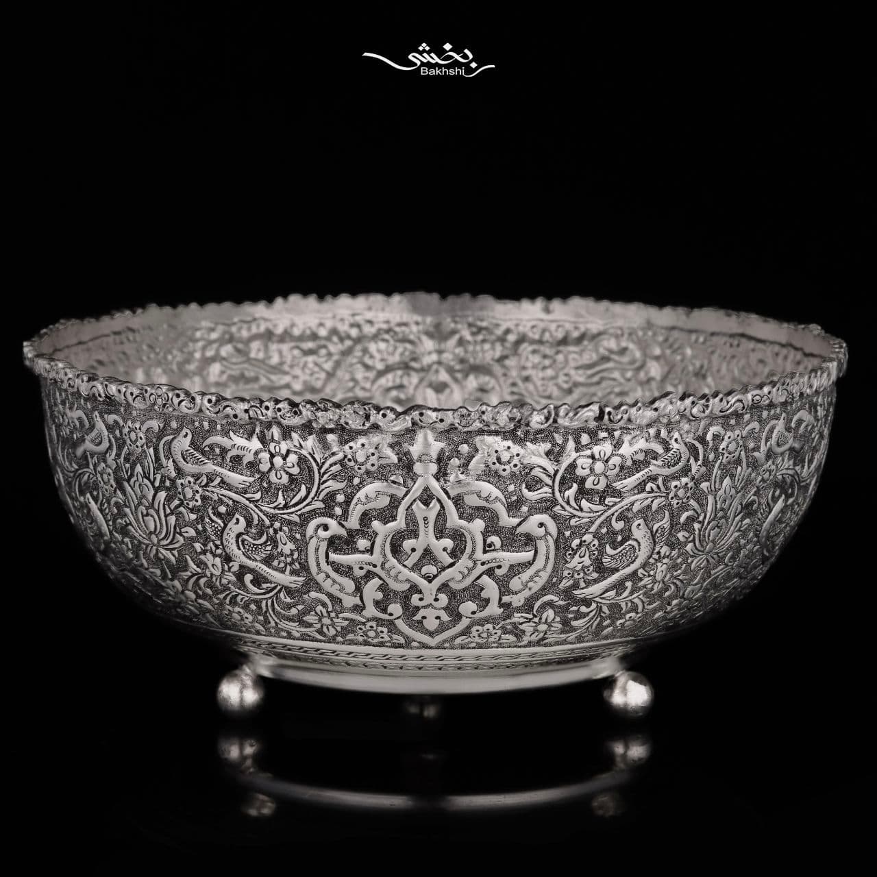 ست هفت پارچه نقره پایه گلوله ای گل و مرغ درجه یک — تصویر ۳
