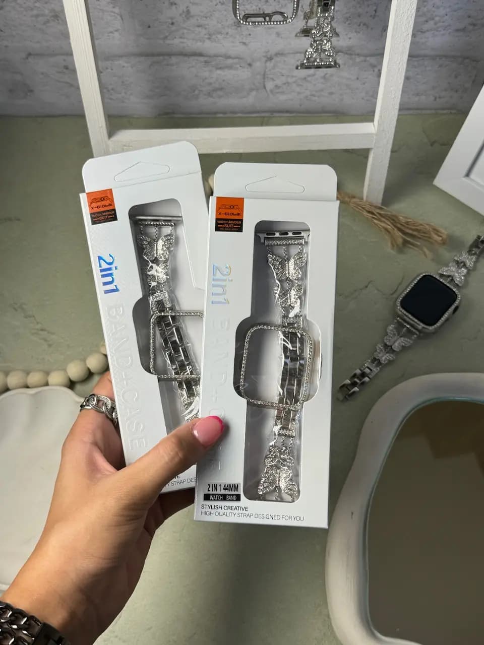 بند اپل واچ پروانه نگینی استیل + گارد نگین دار — تصویر ۳
