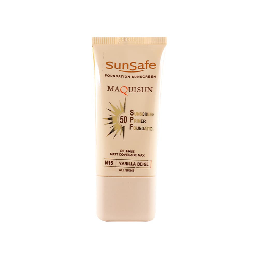 ضد آفتاب کرم پودری وپرایمری SPF 15 بژ وانیلی N15 سان سیف مکیسان SUNSAFE MAQUISUN