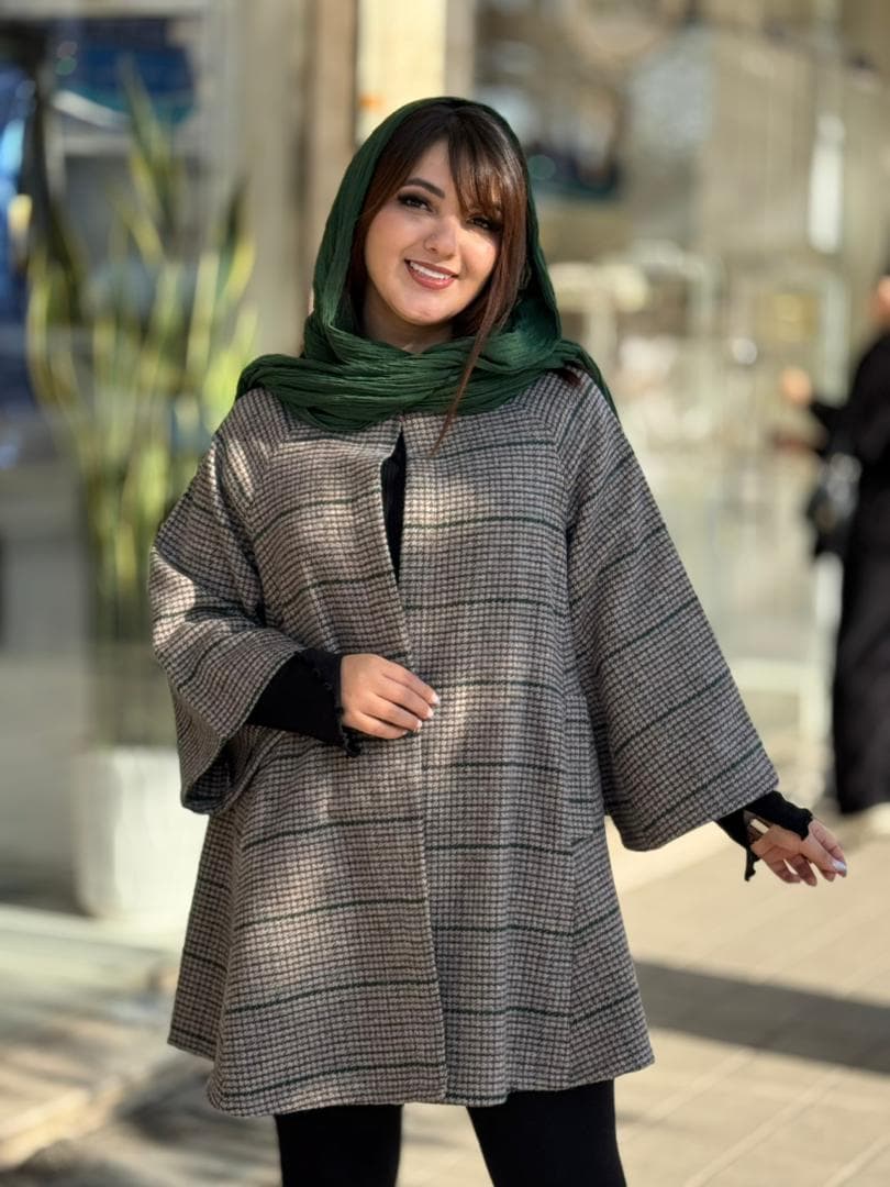 پالتو عروسکی چهارخونه ریز طوسی خط سبز
