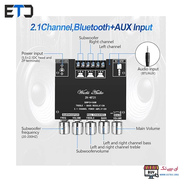 ماژول آمپلی فایر 2x50W+100W ولوم دار ZK-MT21 سه کاناله — تصویر ۵