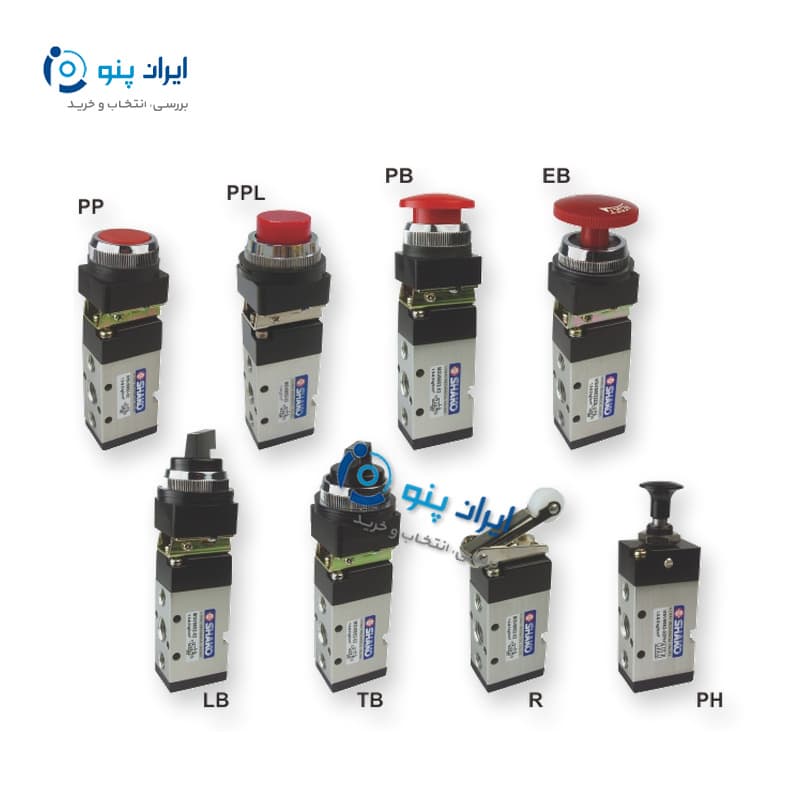 شیر میکروسوئیچ پنوماتیک ۵/۲ شستی شاکو سایز ۱/۴ اینچ مدل MSV-8652-02 PB SHAKO