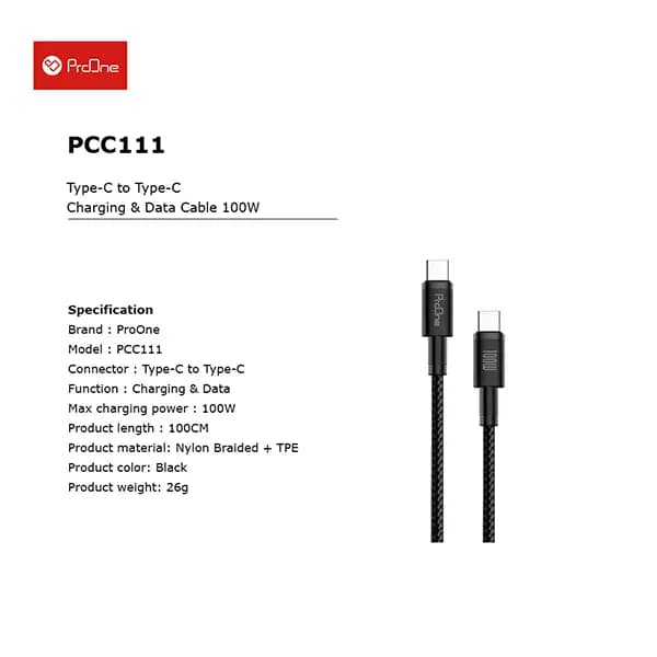 کابل تبدیل تایپ سی 1متری 100W پرووان مدل PCC111 — تصویر ۲