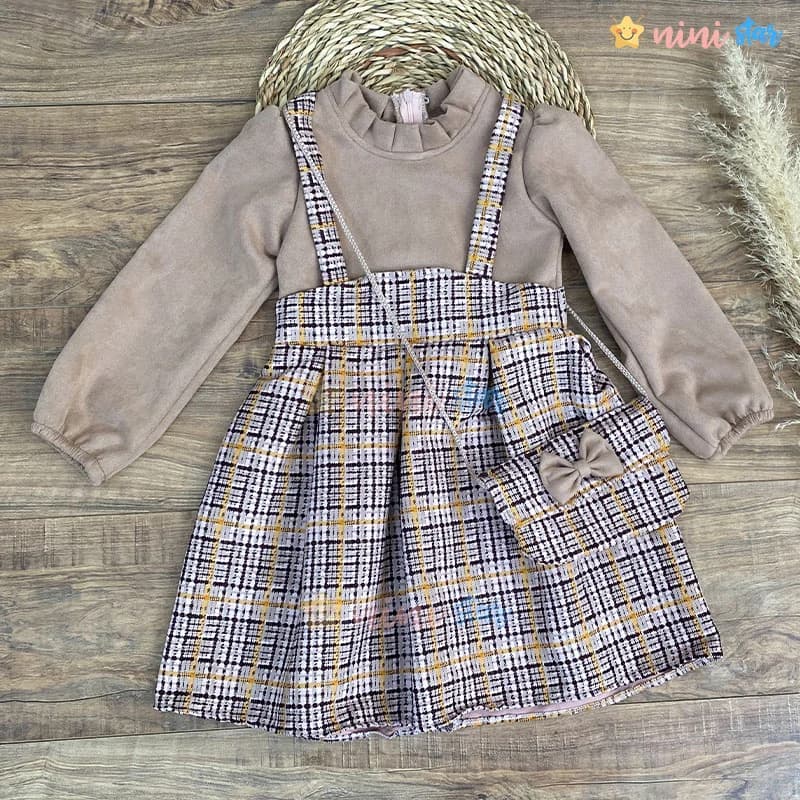 ست کیف و پیراهن دخترانه مدل چهارخانه (کار گرم)