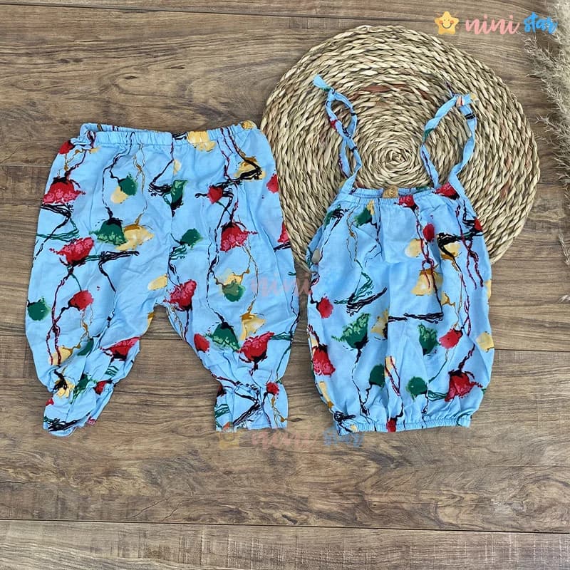 تاپ شلوارک نخی آبی گلدار