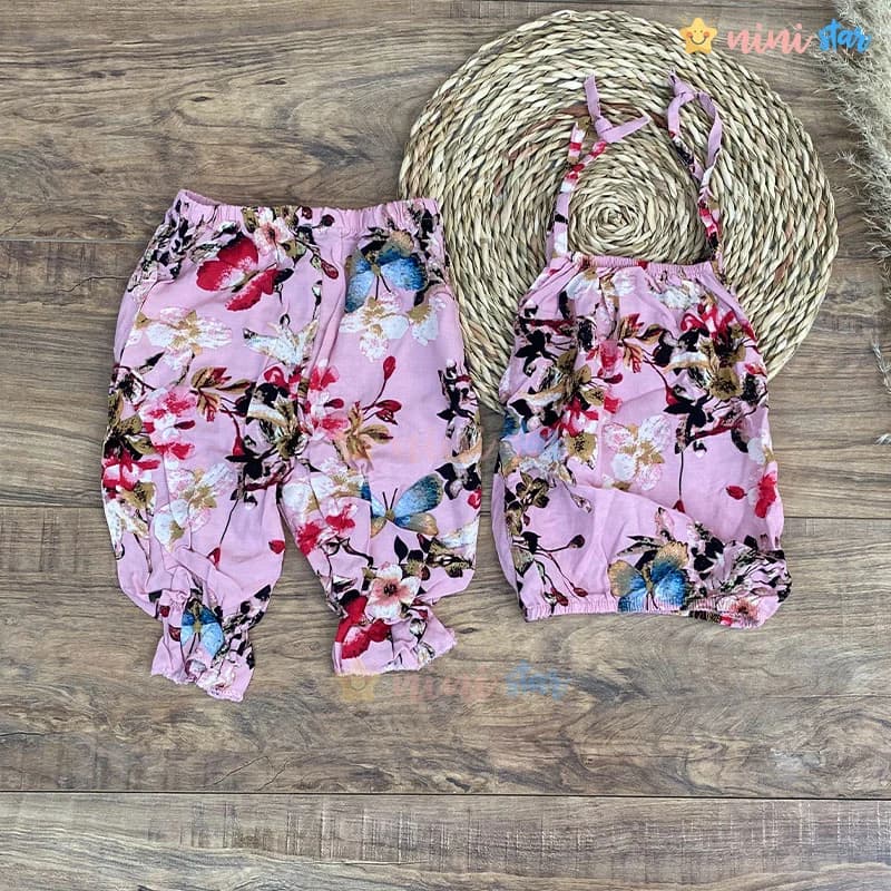 تاپ شلوارک نخی صورتی طرح پروانه و گل