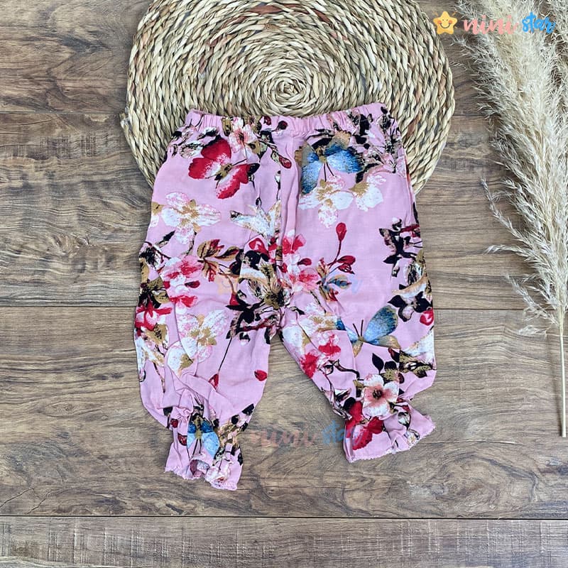 تاپ شلوارک نخی صورتی طرح پروانه و گل — تصویر ۳