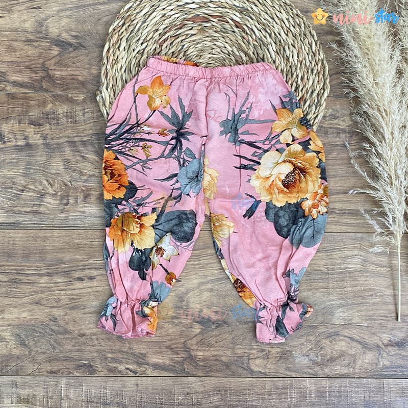 تاپ شلوارک نخی صورتی گل نارنجی — تصویر ۳