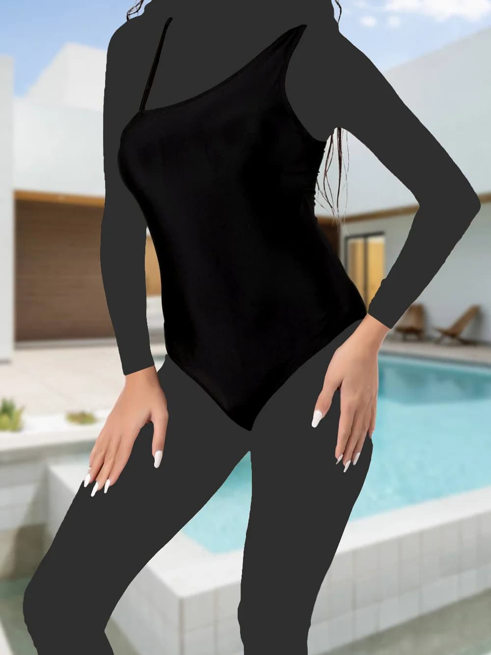 مایو زنانه اسلیپ یقه یکطرفه خاص و شیک مشکی رنگ بصورت کاپدار اسپیدو ( Speedo ) — تصویر ۳