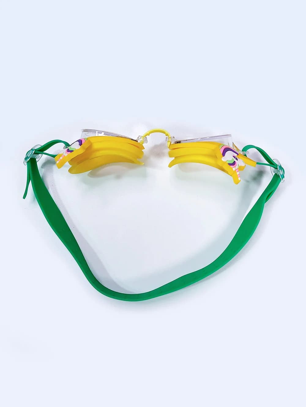 عینک استخر طرح دار فانتزی بچگانه با طرح اسب تک شاخ به رنگ زرد و سبز به همراه گوشگیر و ضد بخار — تصویر ۳