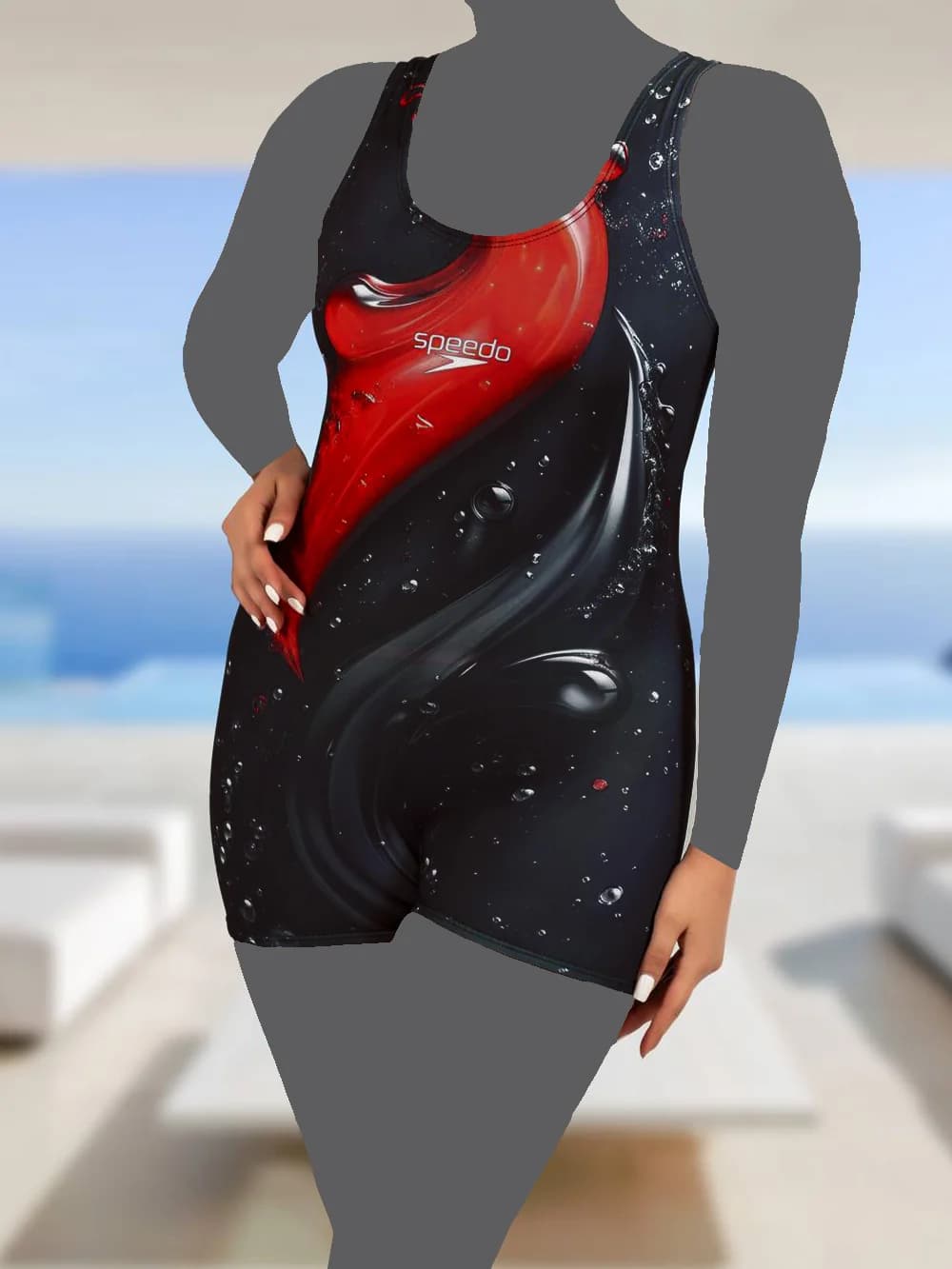 مایو زنانه پادار مشکی نیمه پوشیده طرح دار بصورت کاپدار برای استخر اسپیدو ( Speedo ) ضد کلر — تصویر ۳