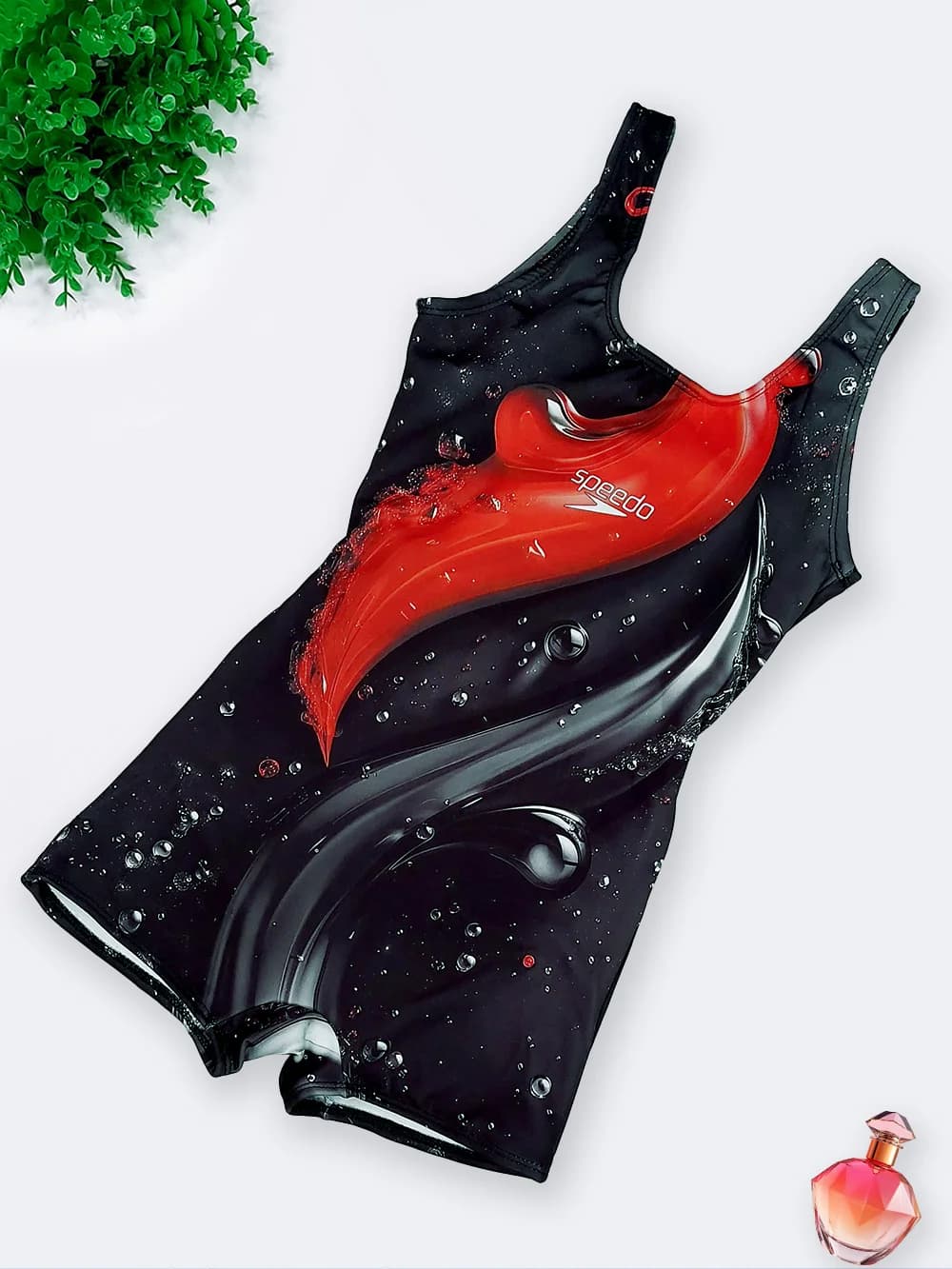 مایو زنانه پادار مشکی نیمه پوشیده طرح دار بصورت کاپدار برای استخر اسپیدو ( Speedo ) ضد کلر