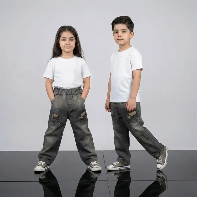 شلوار جین بگ زاپدار بچگانه رنگ زغال سنگی مناسب 2 تا 7 سال — تصویر ۵