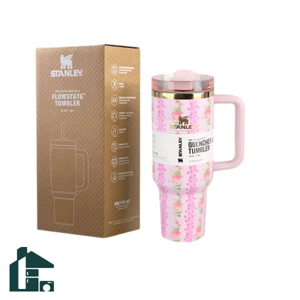 ماگ گلدار دسته دار استنلی اورجینال تامبلر مدل QUENCHER H2O TUMBLER سفید صورتی