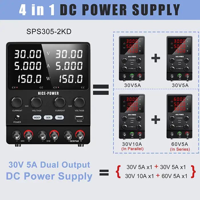 منبع تغذیه 2 کاناله 30V 5A نایس پاور SPS305-2KD — تصویر ۳