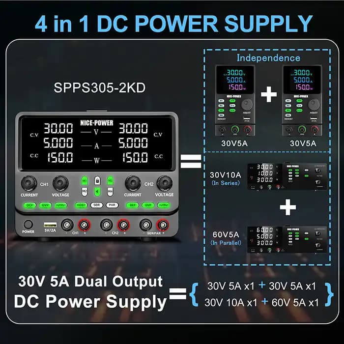 منبع تغذیه 2 کاناله 30V 5A نایس پاور SPPS305-2KD — تصویر ۶