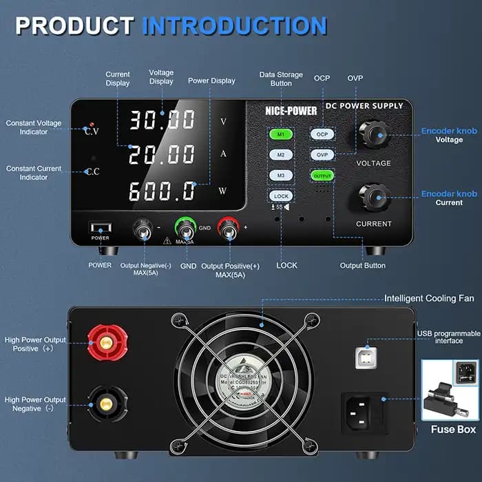 منبع تغذیه آزمایشگاهی متغیر 60V 10A نایس پاور R-SPS6010S-USB — تصویر ۳