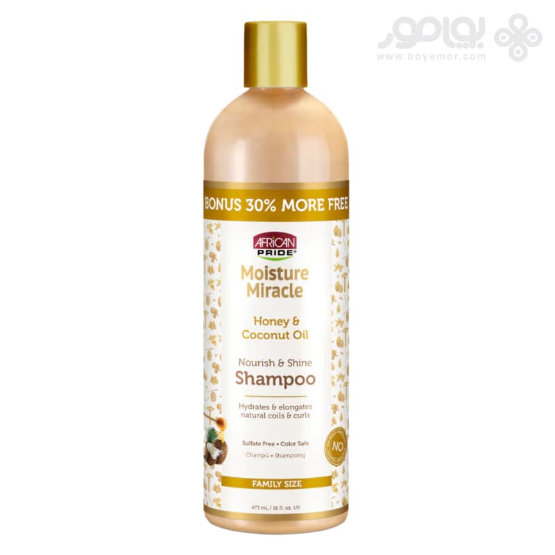 شامپو موهای فر افریکن پراید MOISTURE MIRACLE حاوی عسل و روغن نارگیل
