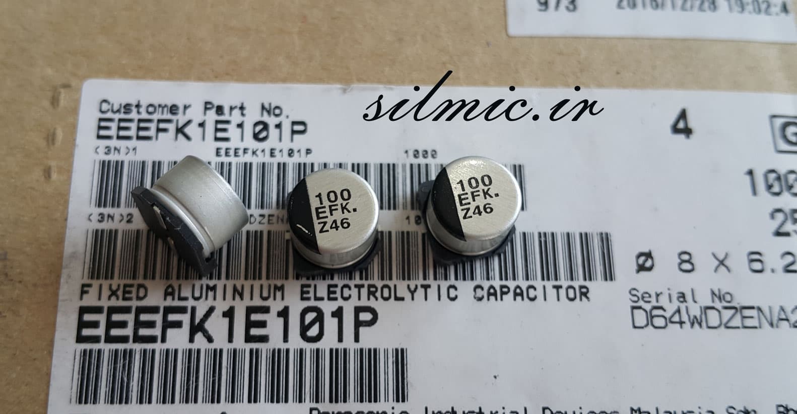 خازن 100 میکرو فاراد 25 ولت ساخت Panasonic ژاپن SMD سری EFK امپدانس پایین — تصویر ۲