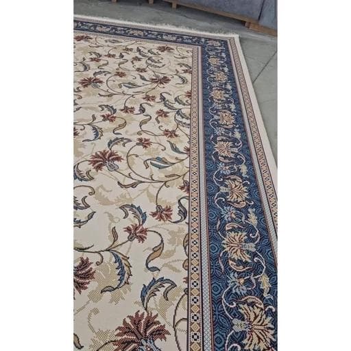 فرش ماشینی چاپی | فرشینه هازان ترک سنتی کرم آبی کد O134 (پس کرایه) — تصویر ۳