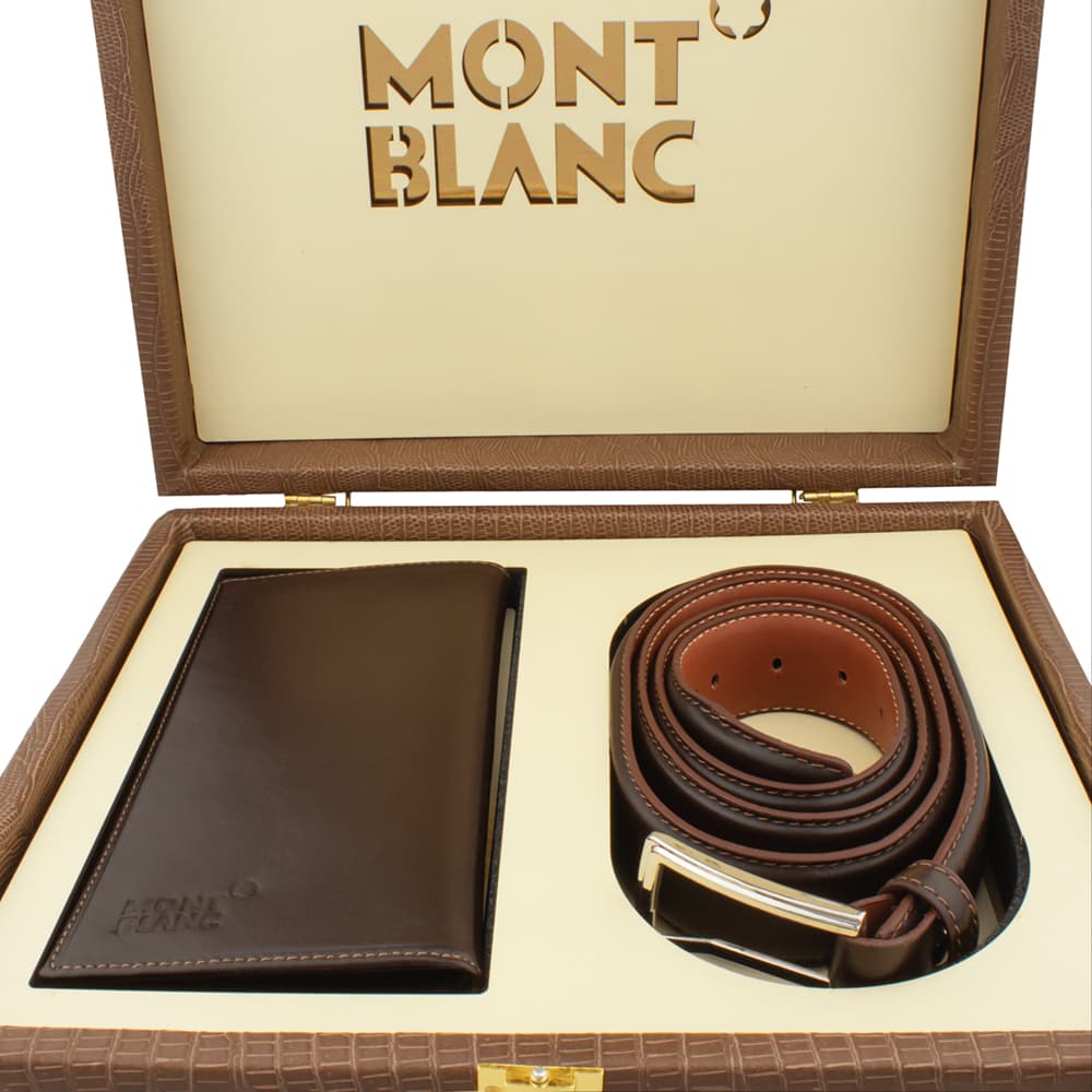 ست چرم طبیعی مردانه دو تیکه قهوه ای تیره برند MONT BLANC — تصویر ۲