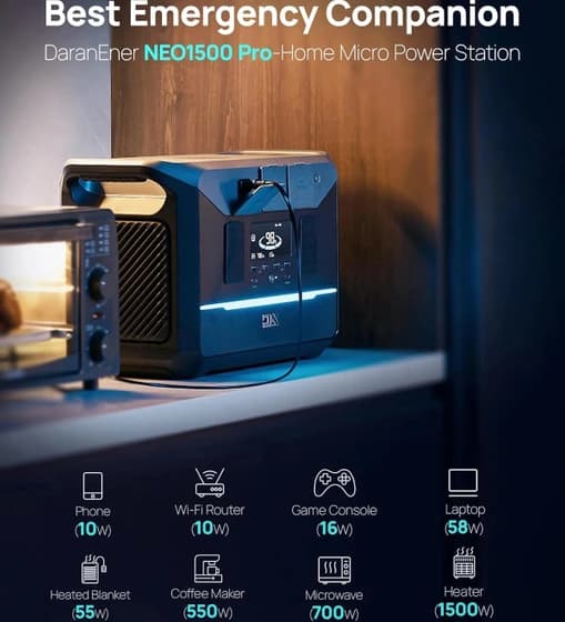 پاور استیشن قابل حمل DaranEner مدل NEO1500 Pro ظرفیت ۱۳۸۲ وات ساعت با توان ۱۸۰۰ وات — تصویر ۲