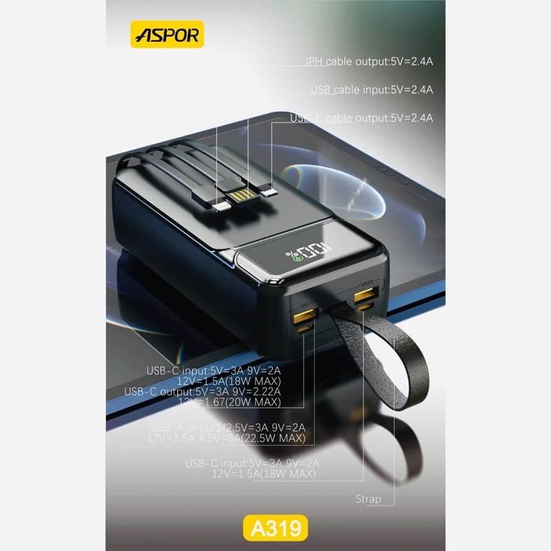 پاور بانک 40000 میلی آمپر برند آسپور مدل A318 — تصویر ۶
