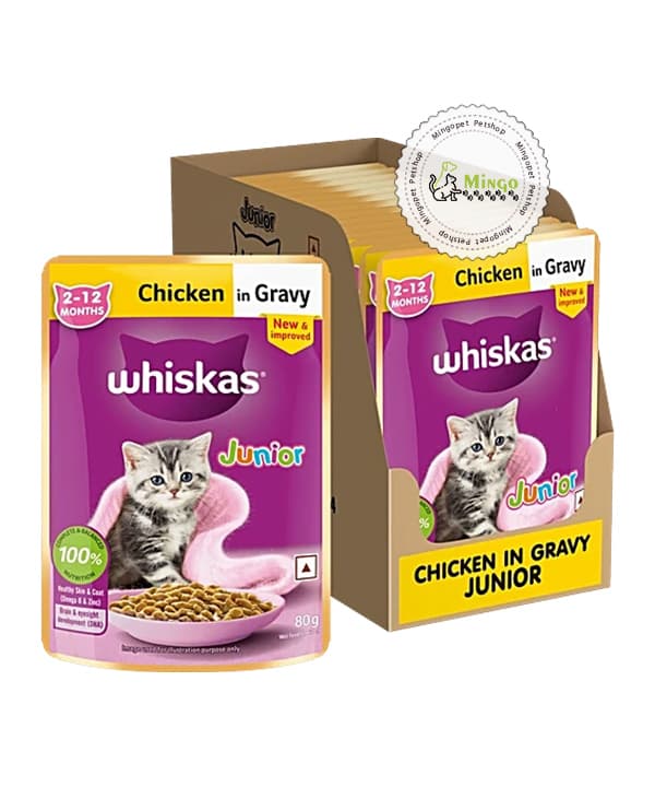 پوچ ویسکاس مرغ در سس گراوی مخصوص بچه گربه 2-12 (بسته 28 عددی-28*85گرمی) | Whiskas Pouch Junior Chicken In Gravy